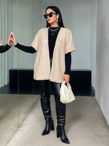 SHEIN Essnce Plus Batwing Sleeve Open Front Teddy Coat Without Knit Top - Apricot - View 3