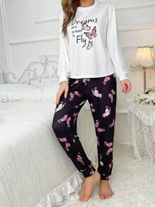 蝴蝶和標語圖案睡衣套裝 - 白色 - 查看 5