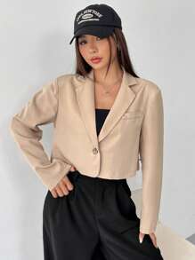 SHEIN EZwear Lapel Neck Single Button Crop Blazer - Khaki - View 6