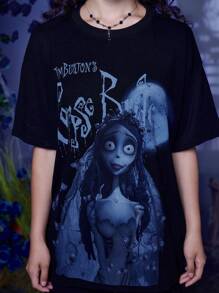 Corpse Bride | ROMWE Cartoon Figure & Letter Graphic Tee - Black - View 1