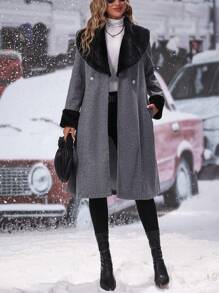 SHEIN Clasi Áo khoác cổ cúc đôi Borg - Màu Xám nhạt - Xem 7