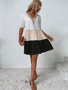 Breezaya Colorblock Contrast Lace Smock Dress - Multicolor - View 5