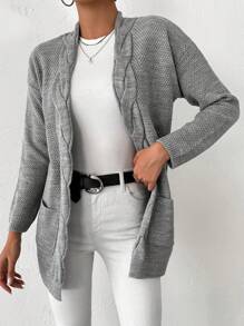 EURMUSE Dual Pocket Drop Shoulder Open Front Cardigan - Grey - View 3