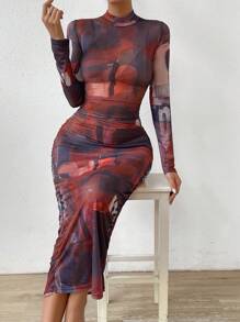 Zolique Allover Print Mock Neck Bodycon Dress - Multicolor - View 4