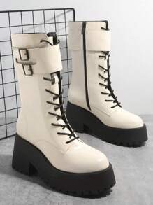 SHUZIA 人造皮革帶扣細節溝紋鞋底馬丁靴 - 米色 - 查看 2