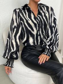 Rafferiza Geo Print Lantern Sleeve Shirt,Long Sleeve Tops - Black and White - View 3