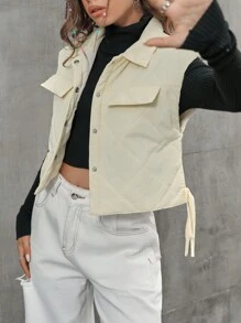 Flirla Drawstring Side Flap Detail Quilted Vest Padded Coat Clothes Winter - Beige - View 3