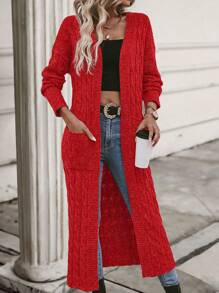 SHEIN LUNE Dual Pocket Cable Knit Cardigan For New Year Clothes - Red - View 6