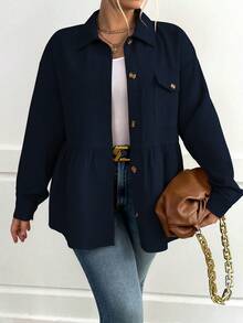 Calvaya Plus Flap Pocket Drop Shoulder Peplum Coat - Navy Blue - View 3