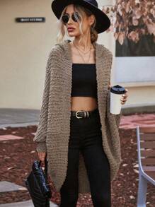 SHEIN Clasi Batwing Sleeve Hooded Duster Cardigan - Brown - View 6