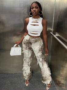 Slaydiva Tie Dye Fringe Trim Pants - Khaki - View 4