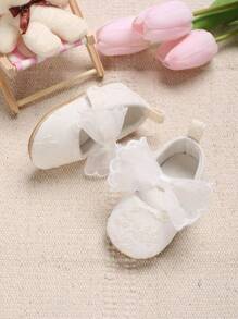 Baby Girls Floral Embroidered Bow Decor Cute Mary Jane Flats For Outdoor