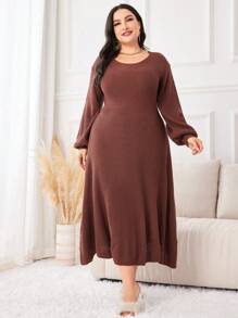 Mulvari Plus Lantern Sleeve Sweater Dress Fall Cloth For Women - Chocolate Brown - View 1