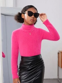 女大童高領毛茸茸套頭毛衣 - 玫紅色 - 查看 4