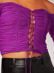 Hauture Off Shoulder Lace Up Ruched Crop Top - Purple - View 3