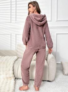 Slogan Patched Pocket Drop Shoulder Flannel Hoodie & Pants Lounge Set Outfit  Cozy And Elegant Details, Fall Winter Clothes, Fluffy Pajama - Mauve Purple - View 2