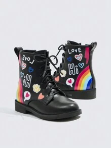 女孩公主靴子,平底學校鞋,黑色皮革短靴適用於小女孩 - 黑色 - 查看 8