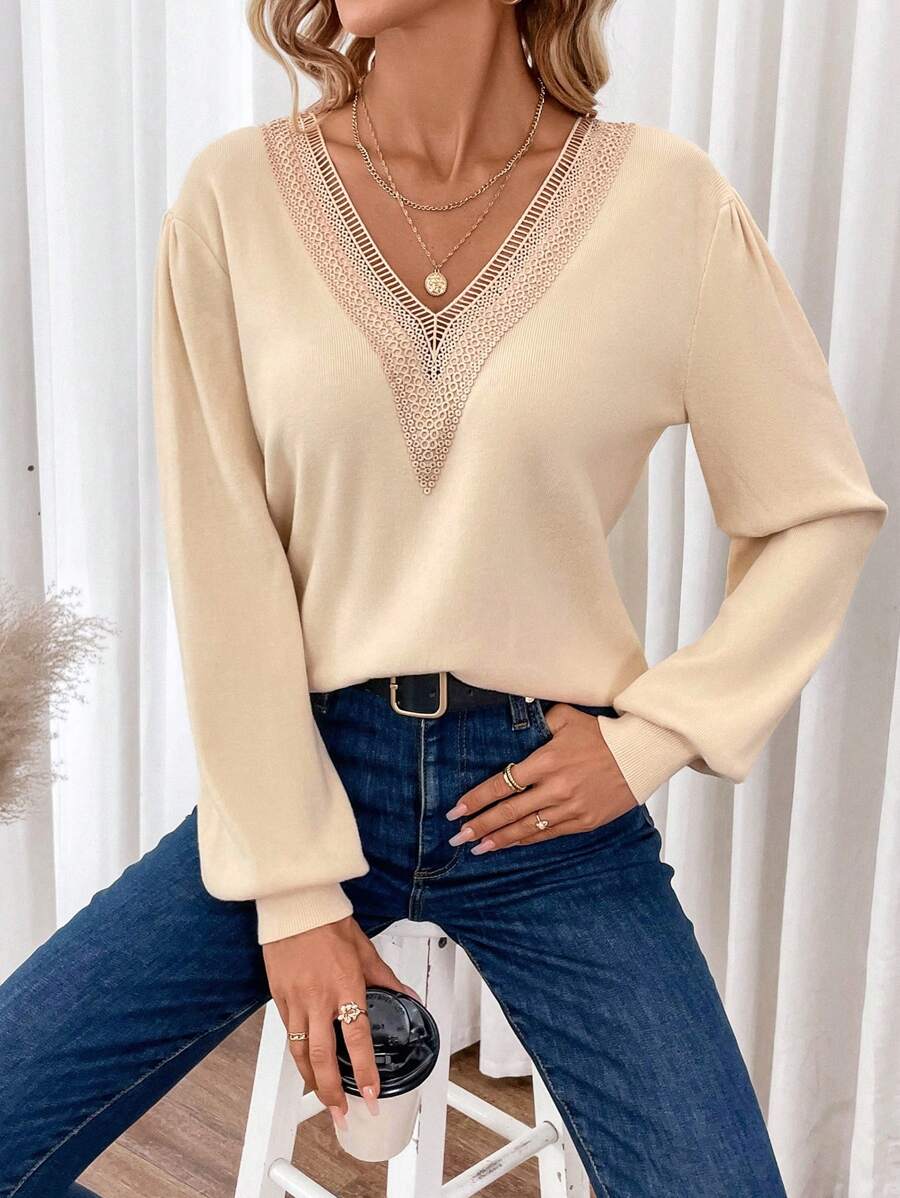 SHEIN Frenchy Bảng điều khiển ren Guipure Tay áo lồng đèn Áo len - Màu be - Xem 1