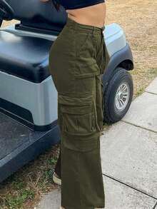 Solid Flap Pocket Cargo Pants - Army Green - View 3