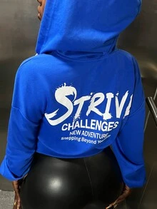 Slaydiva Slogan Graphic Drop Shoulder Drawstring Hoodie - Blue - View 3
