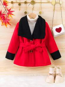 SHEIN 女小童1入組拼接羊絨領口腰帶花呢外套適用於聖誕 - 紅色 - 查看 1