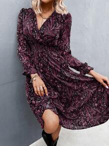 Aveloria Paisley Print Surplice Neck Pleated Hem Dress Without Belt - Hot Pink - View 4