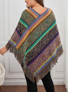 SHEIN LUNE 大碼段染流蘇邊斗篷毛衣