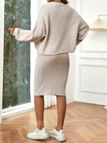 SHEIN Maternity Solid Drop Shoulder Tee & Skirt - Apricot - View 2