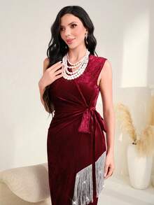 Modelyn Burgundy Red Fringe Trim Knot Side Velvet Dress - Burgundy - View 5
