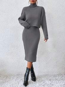 Chiquease 高領落肩袖毛衣和針織裙 - 灰色 - 查看 3
