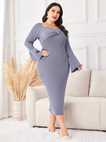 Modelyn Plus Solid Flounce Sleeve Sweater Bodycon Dress - Blue - View 3