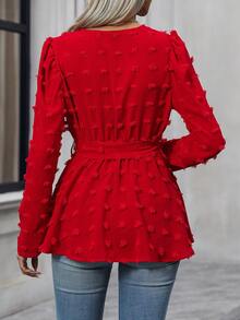 SHEIN Clasi Swiss Dot Surplice Neck Belted Blouse - Red - View 2