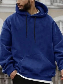 Manfinity Homme 男式太陽與行星印花下肩鬆身束口帽衫 - 藍色 - 查看 3