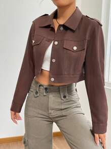 SHEIN EZwear Cazadora crop con diseño de solapa - Marrón - Ver 6