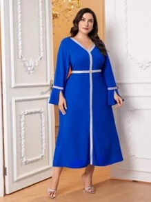 Al Najma Plus Contrast Trim Flounce Sleeve Dress - Blue - View 5