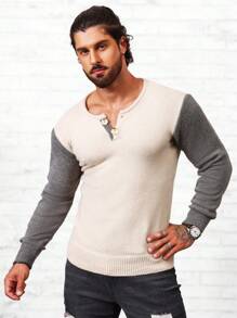 Manfinity Homme 男士寬鬆拼色正面紐帶毛衣 - 米色 - 查看 6