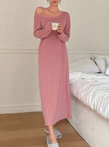 DAZY 纯色生菜花边睡裙 秋冬 - 粉色 - 查看 1