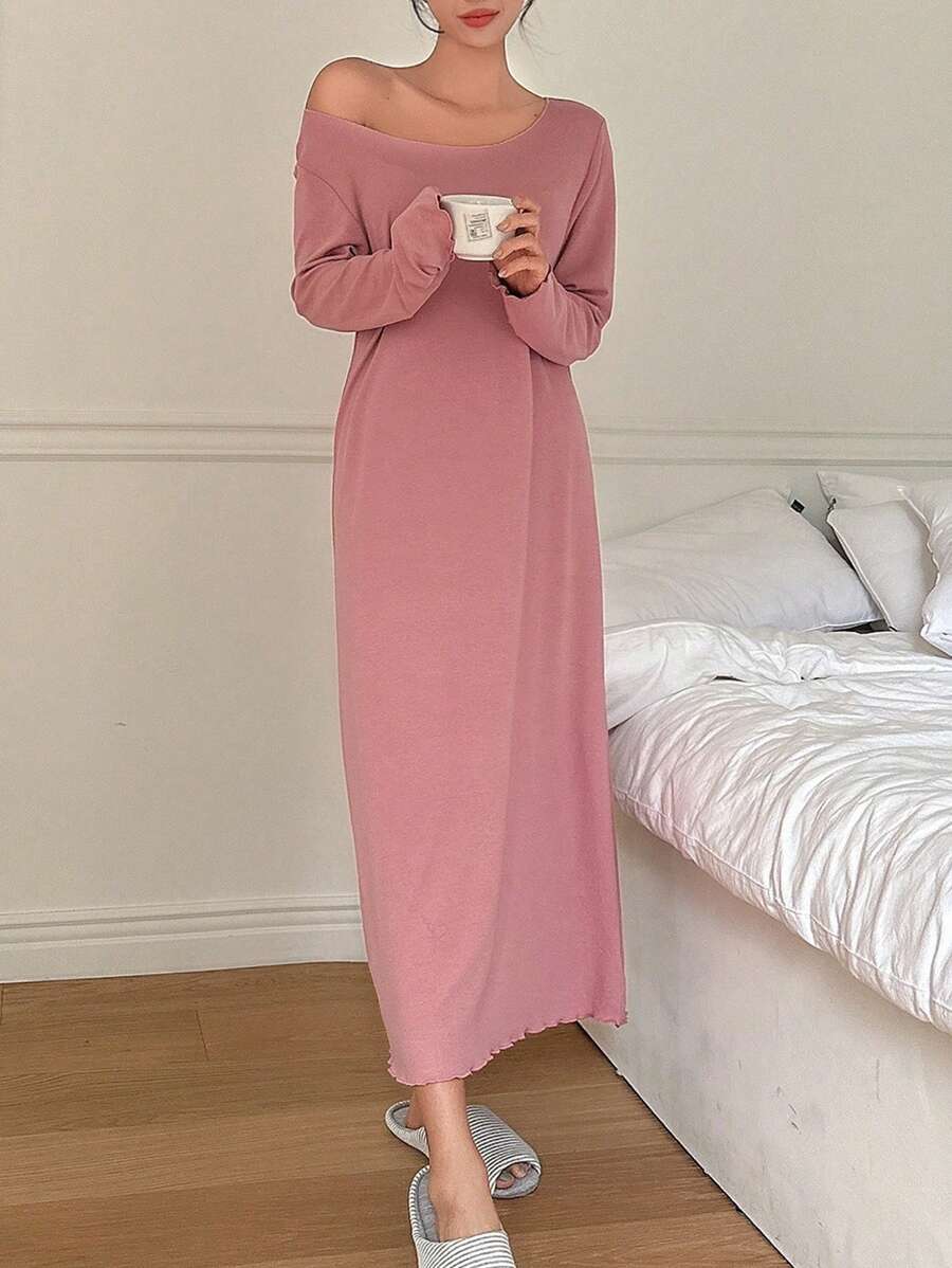 DAZY 纯色生菜花边睡裙 秋冬 - 粉色 - 查看 1