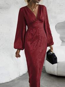 SHEIN Clasi 提花燈籠袖高衩洋裝