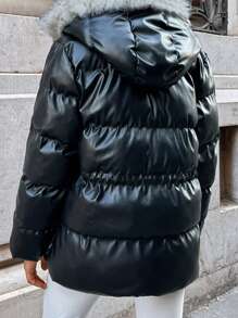 EURMUSE Drawstring Waist Fuzzy Trim Hooded Puffer Coat - Black - View 2