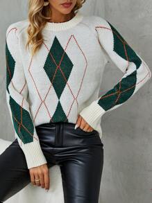 SHEIN LUNE Argyle Pattern Raglan Sleeve Sweater Knit Pullover Fall Winter Outfit - White - View 6