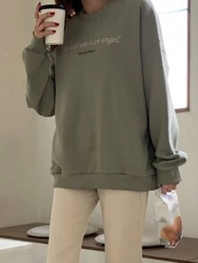 DAZY Đồ họa Khẩu hiệu Thả vai Áo chui đầu Oversized - màu xanh lá - Xem 4