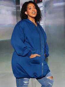 SHEIN CURVE+ Plus Size Zip Up Drop Shoulder Drawstring Sweatshirt - Blue - View 4
