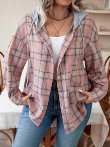 Calvaya Plus Plaid Print Drop Shoulder Drawstring Hooded Shirt - Multicolor - View 5