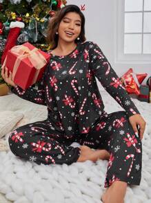 Plus Christmas Print PJ Set, Fall Winter Clothes - Black - View 4