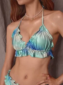 SHEIN Swim Summer Ombre Ruffle Hem Halter Bikini Top - Multicolor - View 4