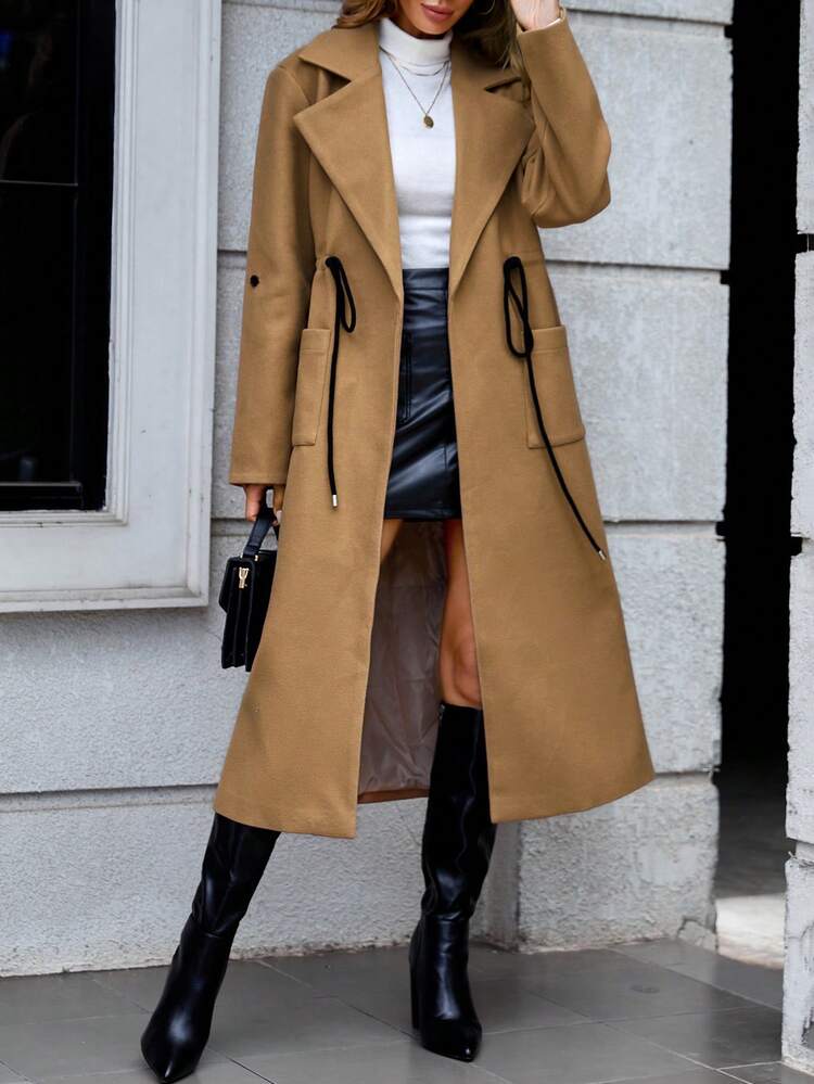 Lapel Neck Drawstring Waist Patch Pocket Overcoat