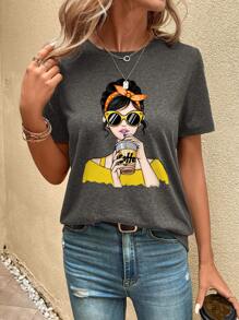 SHEIN LUNE 可愛少女肖像印花圓領短袖女T恤，適用於夏季咖啡館 - 深灰色 - 查看 6