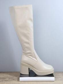 粗跟人造皮革高筒靴 - 米色 - 查看 4