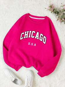 SHEIN EZwear 字母圖案加絨內裏運動衫 - 玫紅色 - 查看 1